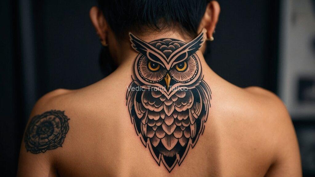 Owl Neck Tattoo on girl back neck_done at vedic trend