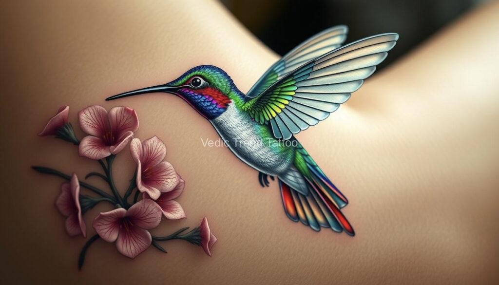 A vibrant watercolor hummingbird tattoo with delicate flowers, showcasing a tiny hummingbird in flight. The design features a blend of tattoos of flowers and hummingbirds, emphasizing the beauty of nature in a watercolor style,Vedic Trend tattoo shop near me-Bangalore