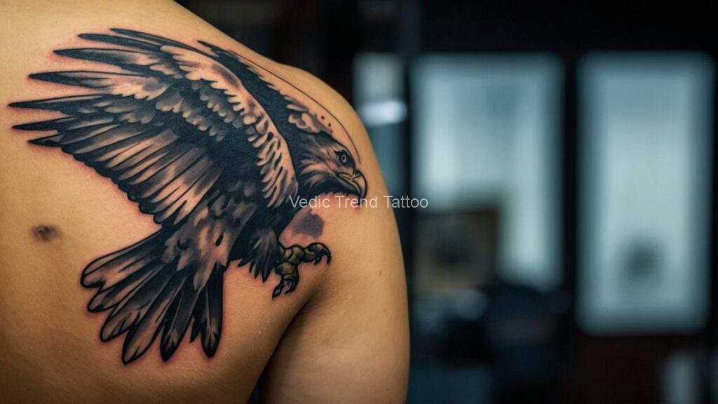 An eagle tattoo design on the back for men, created by Vedic Trend Tattoo.
