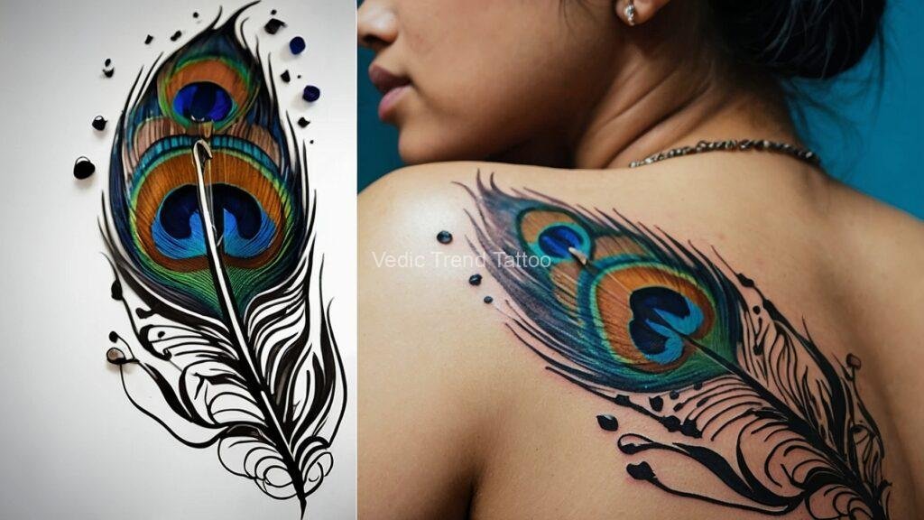Peacock feather tattoo on the back shoulder of a girl