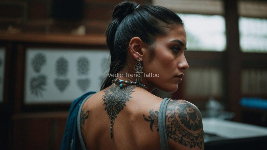 Back view of a female with intricate tattoo designs covering her body, created by Vedic Trend Tattoo.