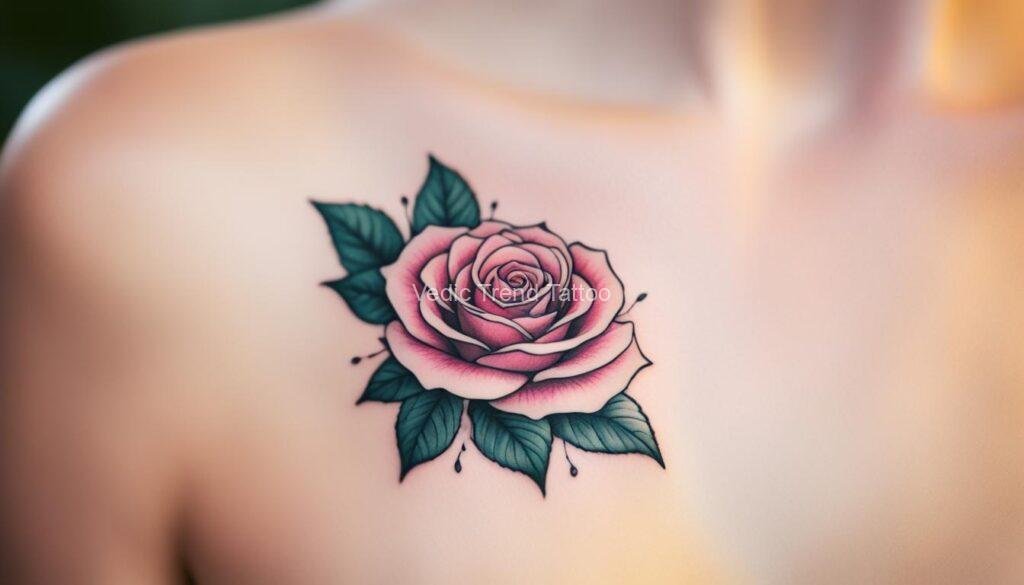 rose Colour ink tattoos on female brest with grean leafs.