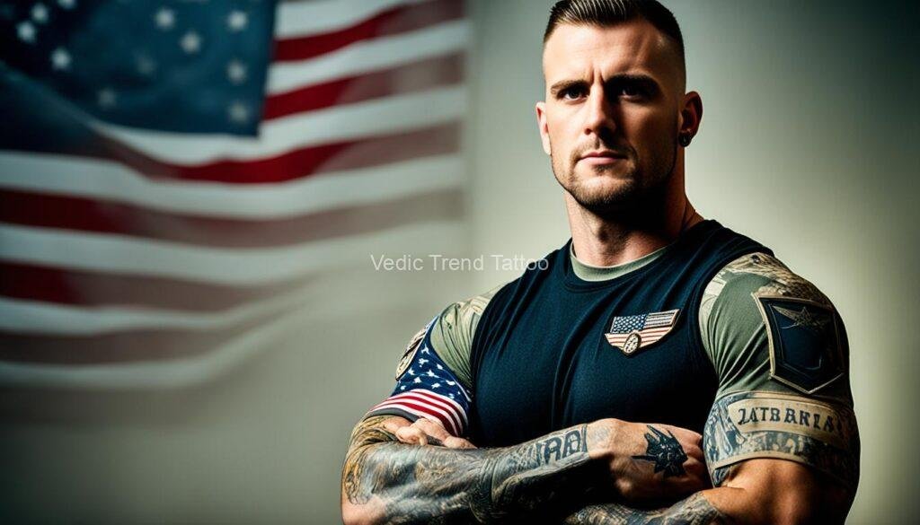 An Army soldier with tattoos that balance personal expression and 
professionalism, standing at attention in front of a backdrop of the 
American flag. The tattoos on his arms depict military symbols and 
patriotic themes, while still adhering to the new policy guidelines. 
The soldier's steadfast gaze and squared shoulders convey a 
sense of pride and duty.