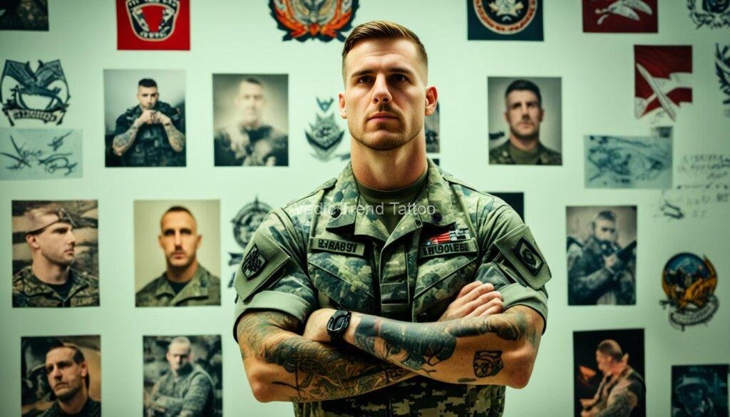 A clean-shaven soldier with a buzz cut standing in front of a military 
uniform wall display. He has several visible tattoos on his arms, but none 
that violate the Army's new tattoo policy. The background is muted and 
neutral, with emphasis on the soldier's appearance and the display behind 
him.