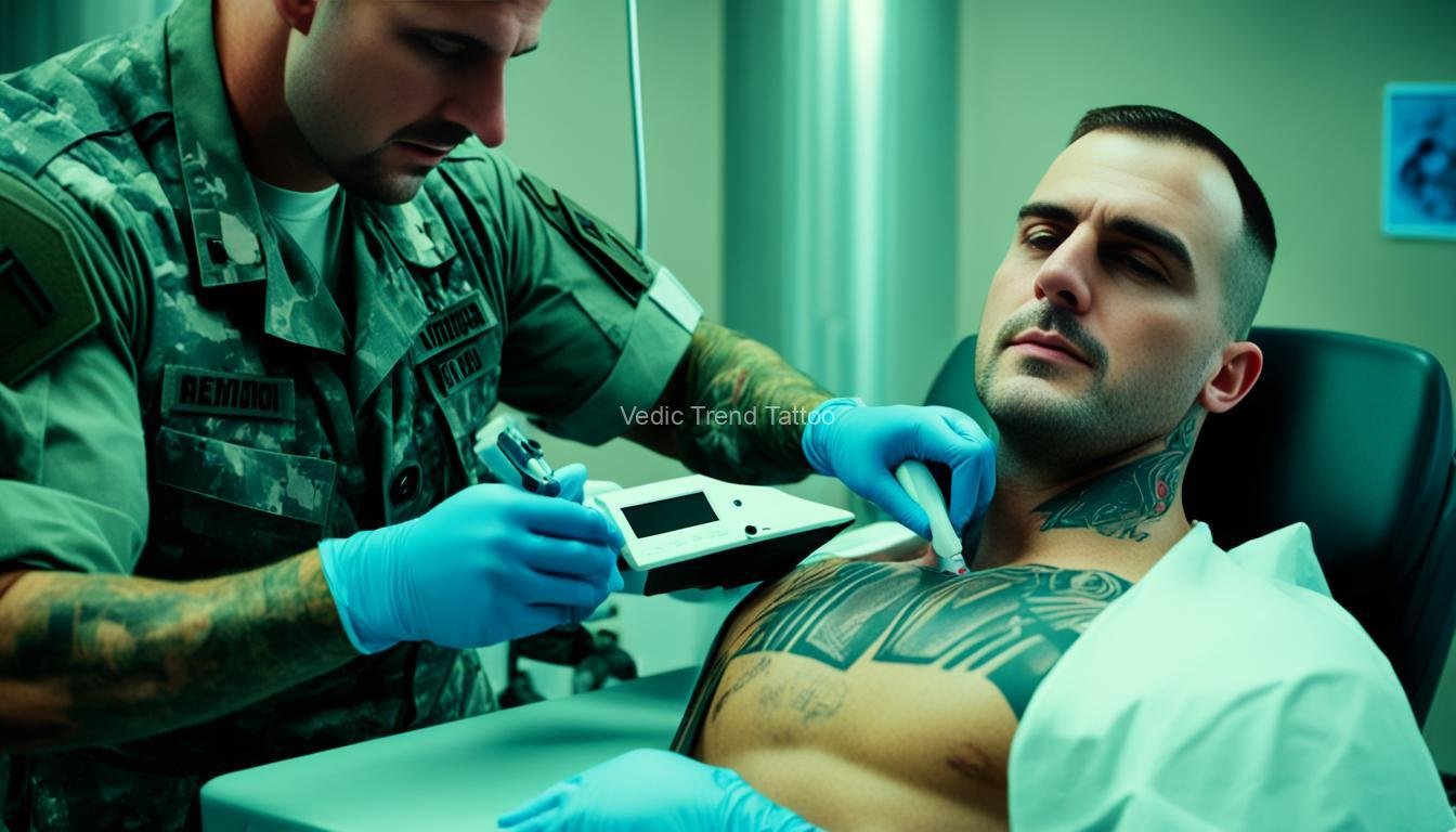 A soldier's arm with a partially faded tattoo being treated by a laser, while a medical professional wearing gloves operates the machine. The soldier's face shows determination to comply with the new tattoo policy. In the background, several other soldiers can be seen waiting for their turn. A military uniform and a few tattoo removal brochures are visible on a nearby table. The image should have a serious and official tone.