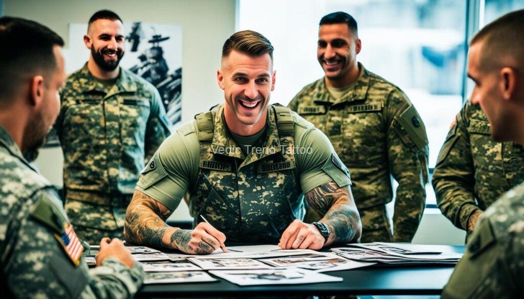 A group of soldiers standing around a table covered in tattoo magazines and pointing to different designs. One soldier is grinning while another looks apprehensive. In the background, an army recruiter is holding up a sheet of paper with the updated tattoo policy.