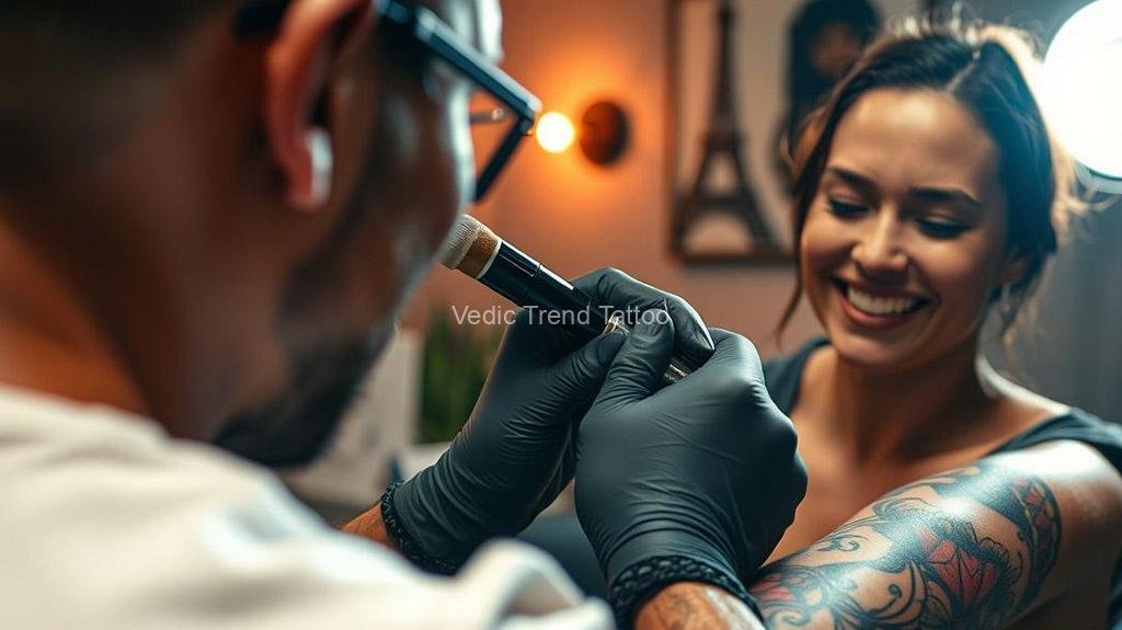 A serene setting showcasing a tattoo artist skillfully applying a scar camouflage tattoo on a person's arm. The focus is on the vibrant, artistic design blending seamlessly into the skin, such as a mirror reflecting a joyful expression, alluding to the brand "Vedic Trend Tattoo".