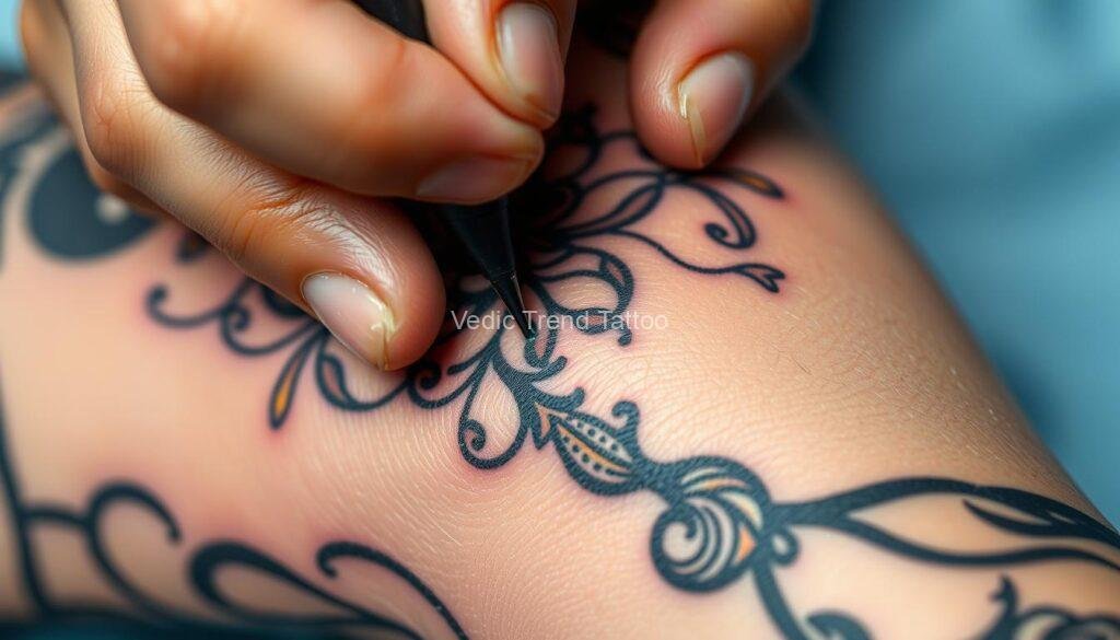 A close-up view of a skilled tattoo artist's Vedic Trend Tattoo artist hand delicately tattooing over a textured keloid scar on skin, showcasing intricate designs blending with the raised scar tissue, vivid colors, and a focus on the contrast between the smooth ink and uneven scar surface, in an artistic and respectful manner.