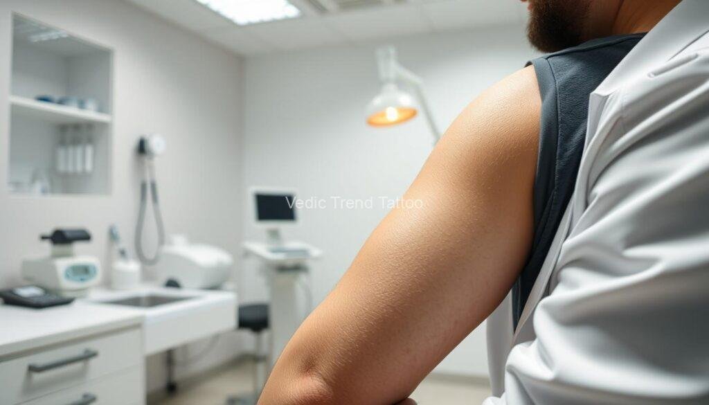 A clean, modern dermatologist's clinic, featuring a consultation setting with a focused atmosphere. A close-up view of a Showing to doctor the keloid scar on a patient's arm, with a gentle lighting highlighting the texture and details of the scar. before getting a tattoo from vedic trend tattoo.