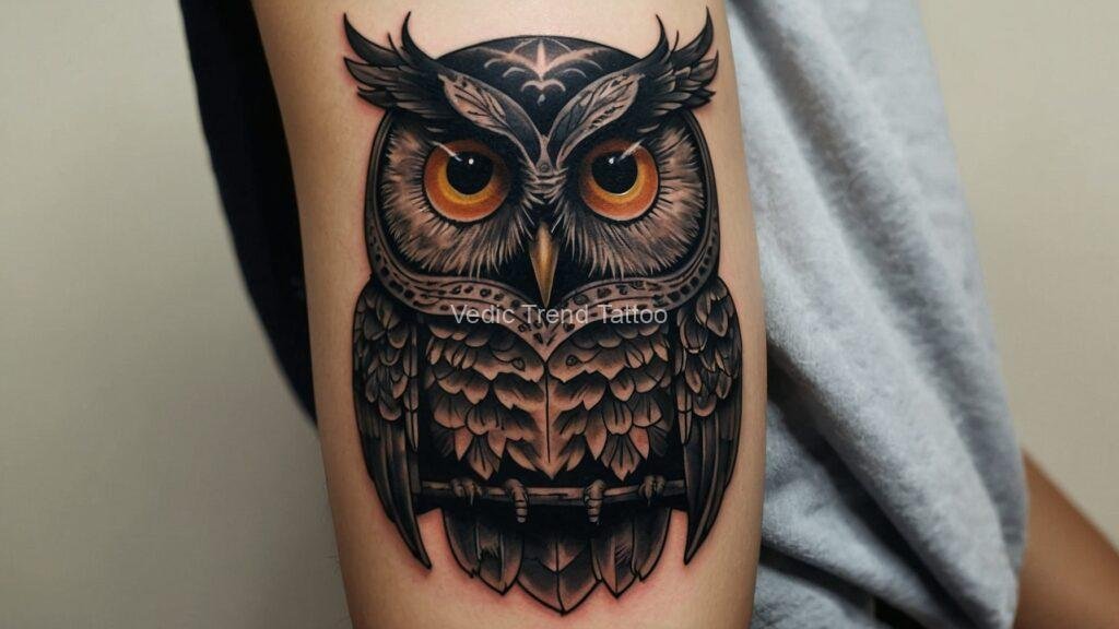 Evil Owl Tattoo on girl shoulder_vedic trend tattoo