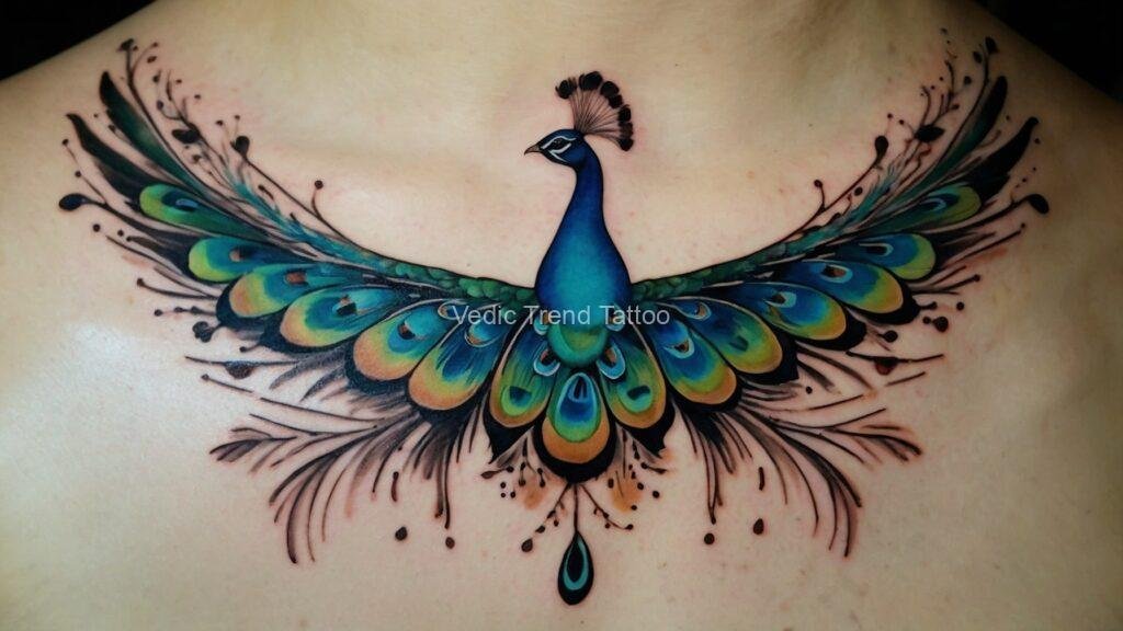 Peacock feather tattoo with birds flying in a Vedic trend style