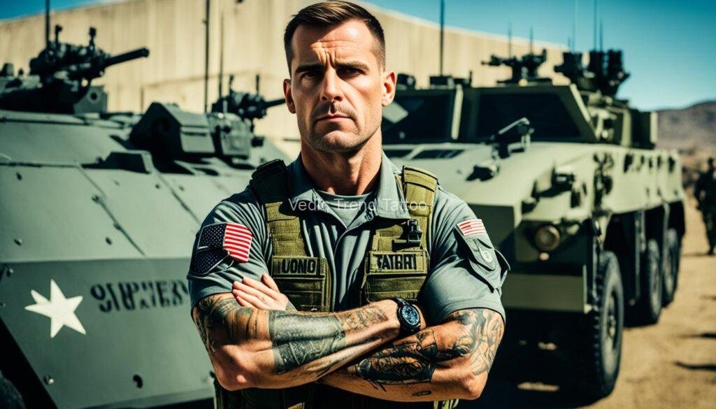 A stern, uniformed soldier standing in front of a backdrop of military vehicles and weapons. The soldier has a visible tattoo on their forearm, and the expression on their face suggests that they are serious about enforcing the new tattoo policy.