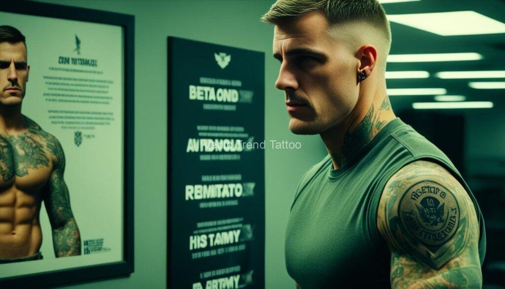 A soldier standing in front of a mirror, looking at his tattoos and checking to see if they comply with the new army regulations. 

He has a serious 
expression on his face as he examines each tattoo closely. 

On the wall 
behind him, there is a poster displaying the updated army tattoo policy guidelines.

The room is dimly lit, with a single overhead light casting a shadow on the soldier's face.