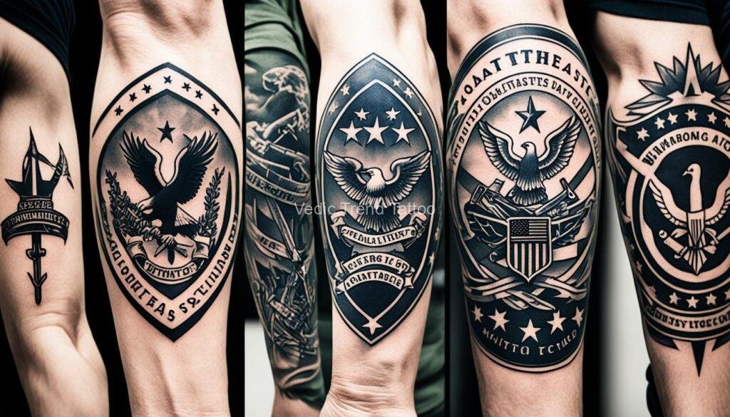 Image comparing the tattoo policies of different military branches dummy logoz. Depict various symbols of each branch and their respective tattoo regulations through visual contrast. Use minimalist line art style to convey the message clearly.