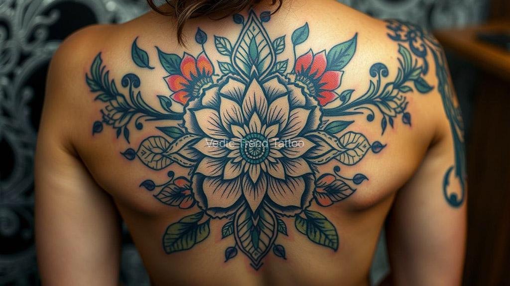 Inspiring scar tattoos that creatively incorporate floral designs, geometric patterns, and nature elements, showcasing the beauty of transformation; intricate details, vibrant colors, and soft shading - Vedic Trend Tattoo.