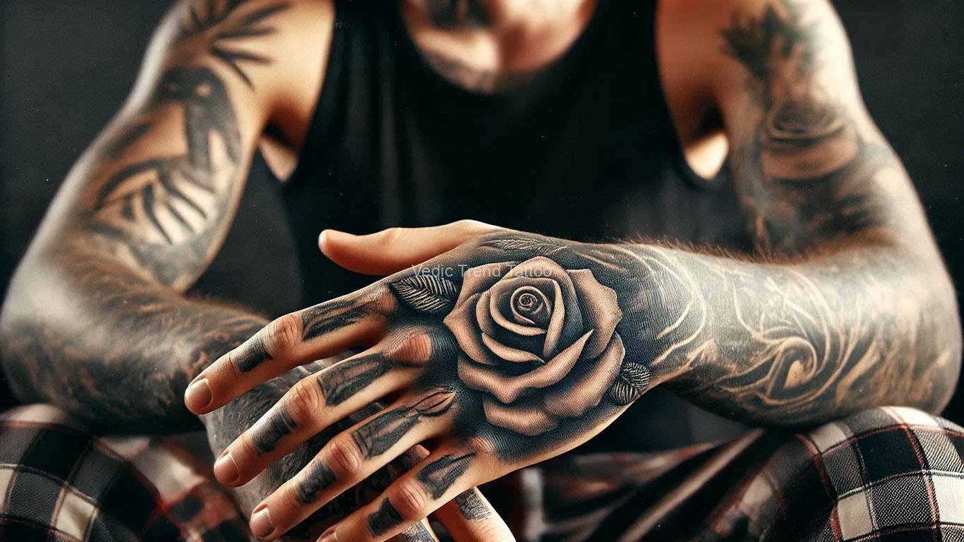 Close-up of tattooed hands and arms, featuring a detailed black-and-grey rose tattoo on the hand, various intricate tattoos on the forearms done at a Vedic trend tattoo on the upper arm. The person is wearing a sleeveless top, with natural lighting emphasizing the skin texture and tattoo shading, highlighting the spiritual symbols inspired by Vedic Trend tattoo artist-bangalore tattoo shop